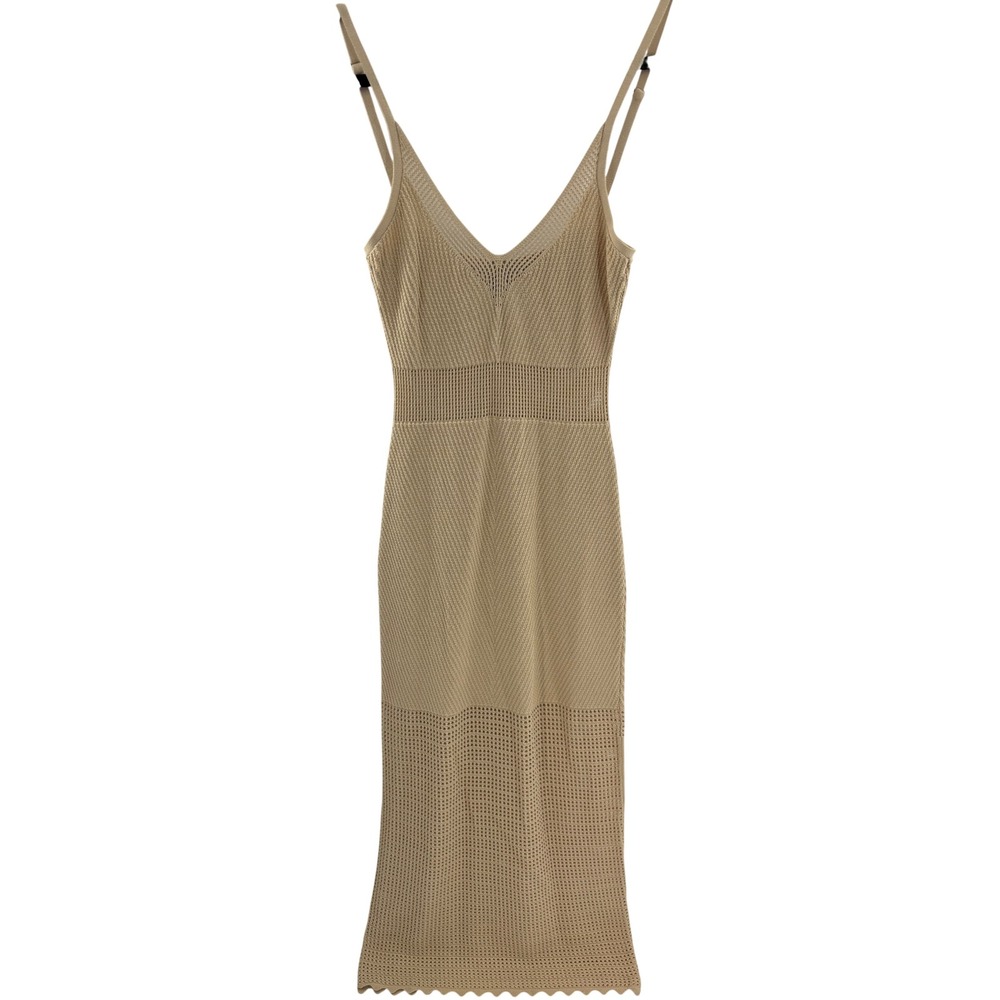 TJD Knit Midi Dress Beige V Neck Spaghetti Strap Bodycon Womens S Resortwear